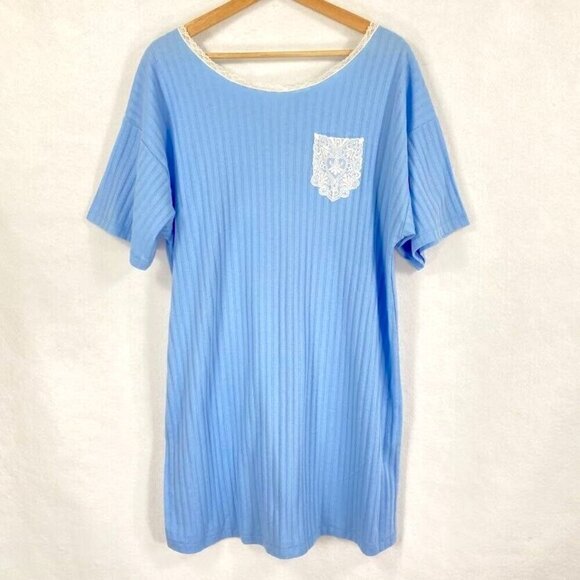 Vanity Fair Ribbed Striped Short Sleeve Night Shirt Blue One Size - Picture 1 of 5
